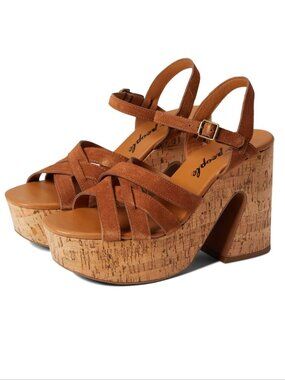 FREE PEOPLE Lisbon Mary Jane Platform Heels SANDALS 8 38 Brown Suede Cork NEW